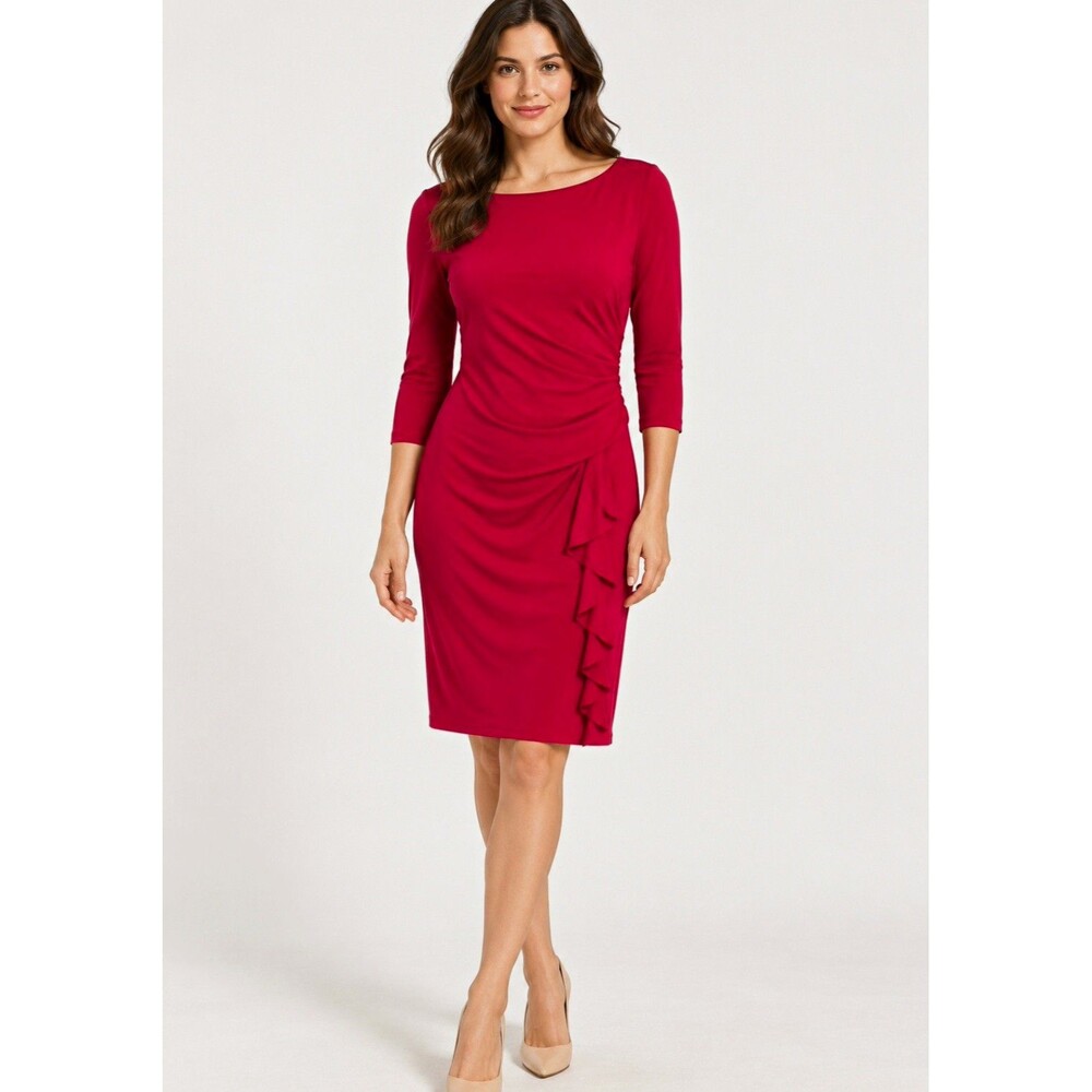 American Living Women’s Red Sheath Dress S/M 3/4 Sleeve Ruched Ruffle Stretch